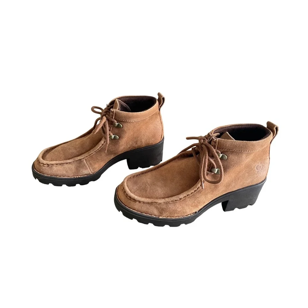 Born Suede Leather Moc Toe Ankle Boots Tan Brown Lug Sole  Womens‎ 8M